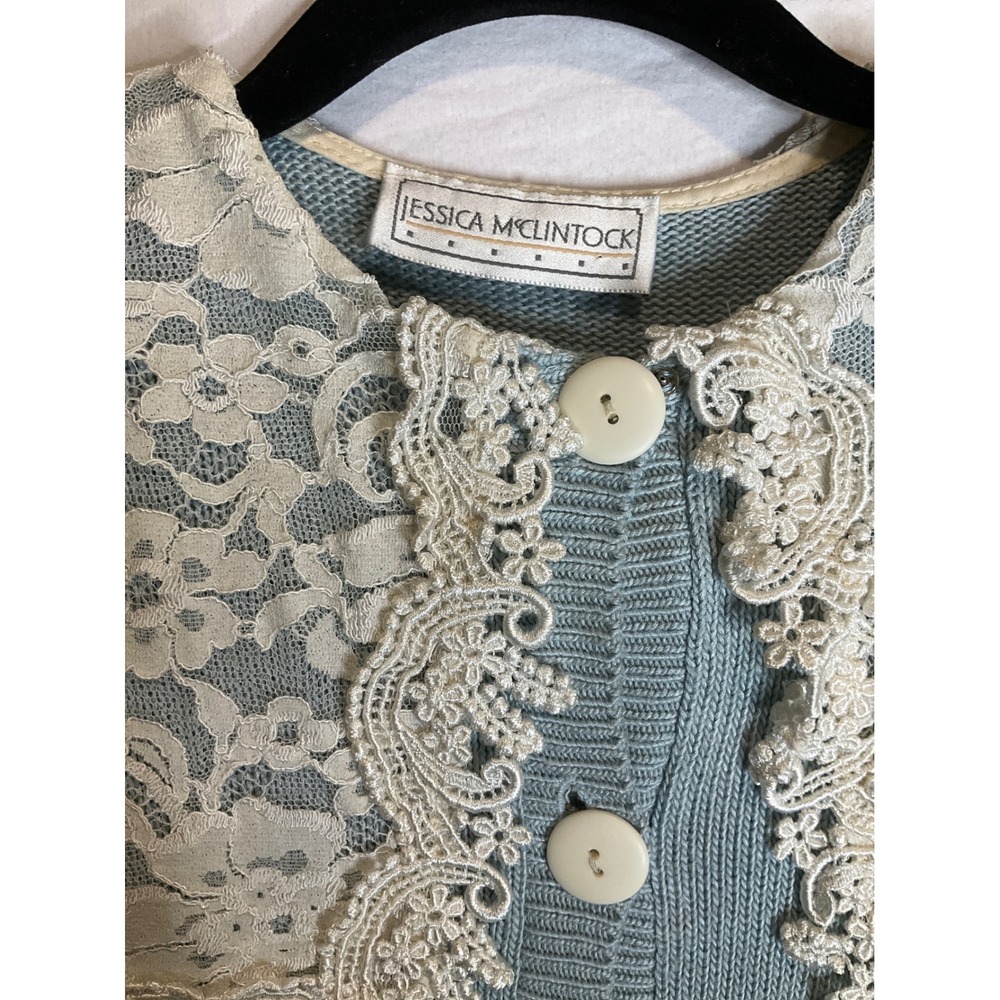 Jessica McClintock Vintage Button Up Sweater Cardigan White Lace Blue Collar L - Picture 3 of 5